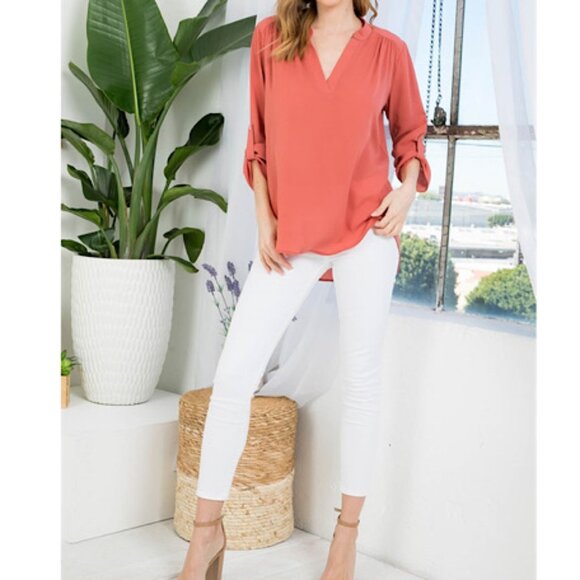 NEW Light Orange Quarter Tab Sleeve Solid Woven V Neck Blouse - Picture 5 of 9